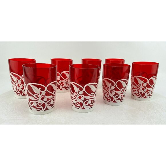 Vintage 70s tumblers, KH Hong Kong red plastic tumblers, filigree sleeves - Picture 4 of 10